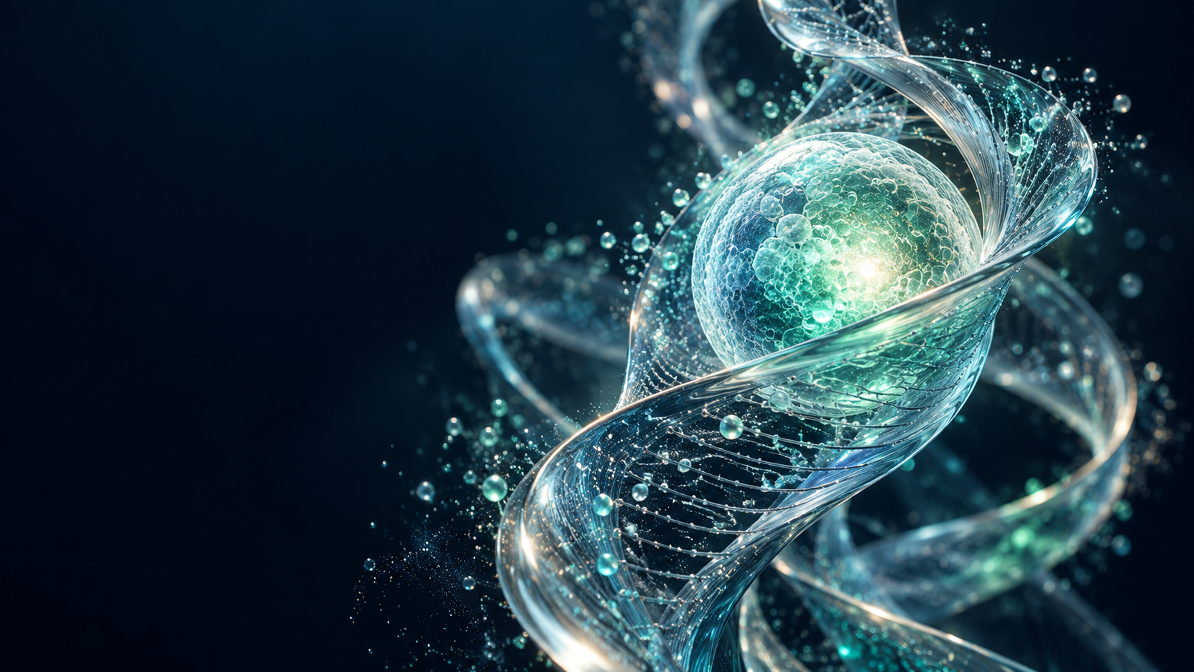 Conceptual luminous biological ribbon surrounding a cellular sphere